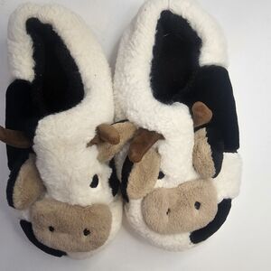 Women Plush Cow Slippers House Shoes Black White Sz 7.5 Comfort Cozy Indoor S115